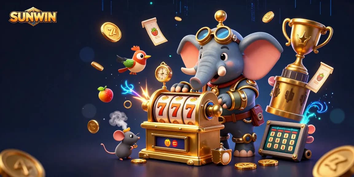 SUNWIN showcases a steampunk elephant operating a golden slot machine amidst dynamic game elements, celebrating casino excitement.