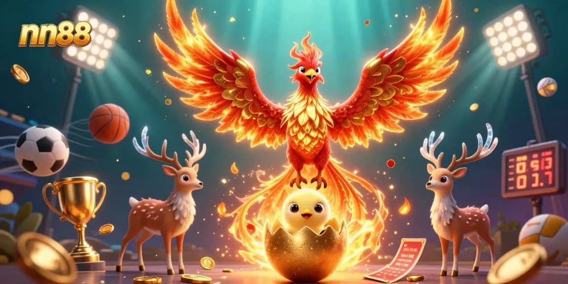 nn88 captivates players as the vibrant phoenix and mystical stag embody winning strategies in a dynamic casino scene.