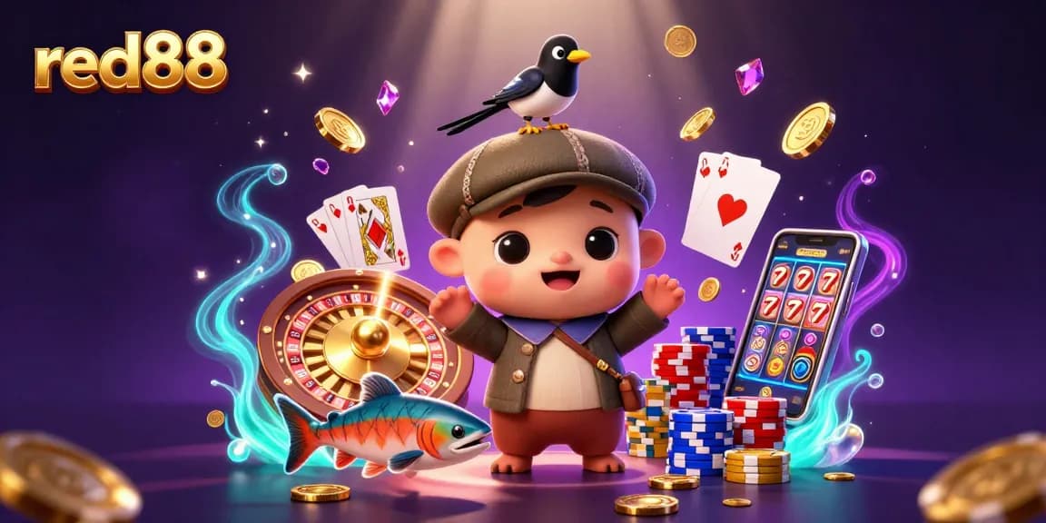 Win big at red88 as the playful Nessie and gold magpie celebrate with cascading coins and gems.