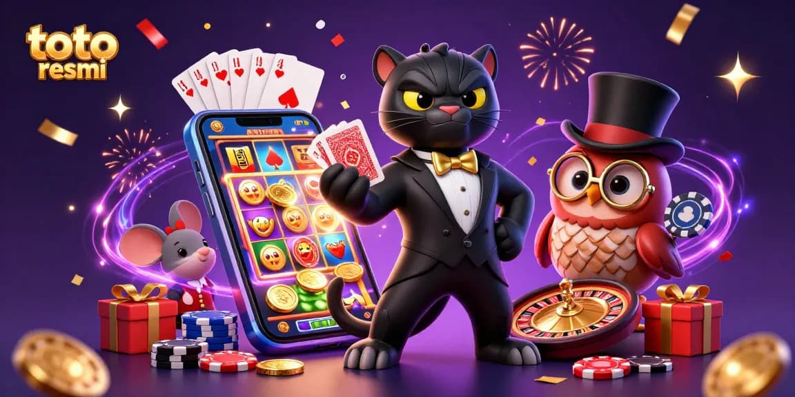Gambarkan toto resmi dengan panther elegan, burung hantu dengan cip poker, dan tikus keberuntungan dalam suasana kasino.