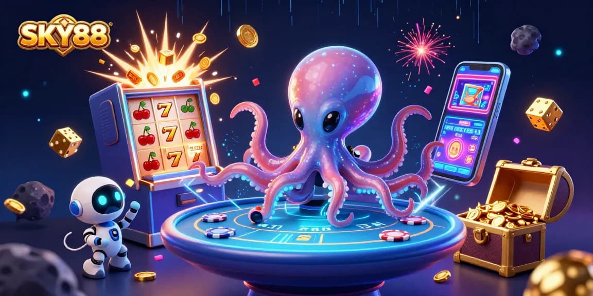 SKY88 offers a cosmic casino experience featuring a dynamic alien octopus at a poker table.