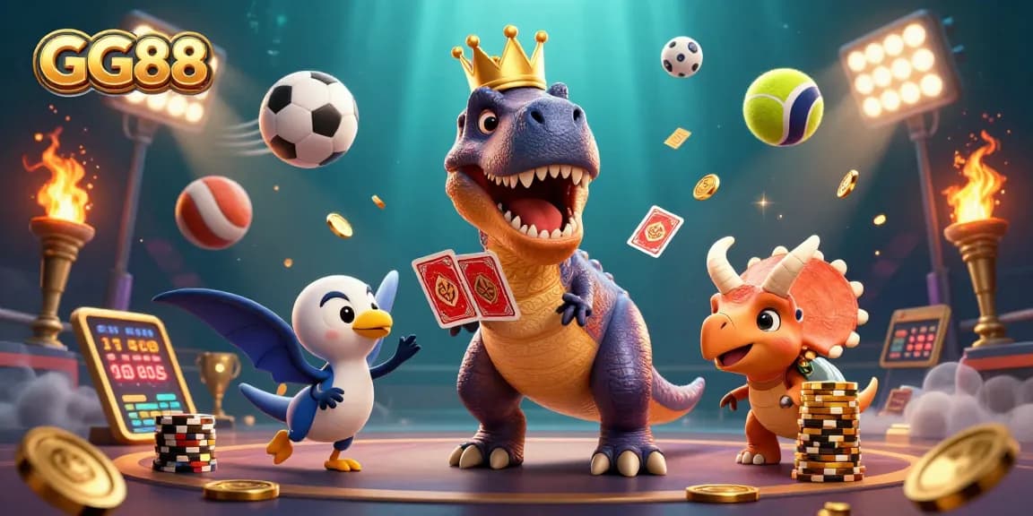 GG88 showcases thrilling casino fun with a playful T-Rex shuffling cards and a triceratops stacking chips.