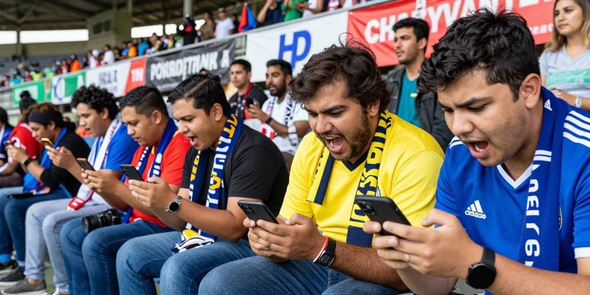 Penggemar judi bola merayakan pertandingan di stadion sambil menganalisis statistik secara langsung.