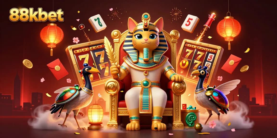 Experience thrilling gaming at 88kbet with an ultra-detailed pharaoh scene filled with vibrant, engaging casino elements.