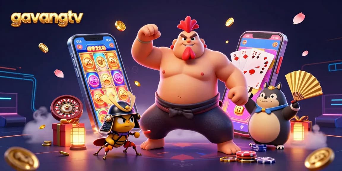 Engage with gavangtv's thrilling adventures featuring dynamic casino elements in a 3D illustration.
