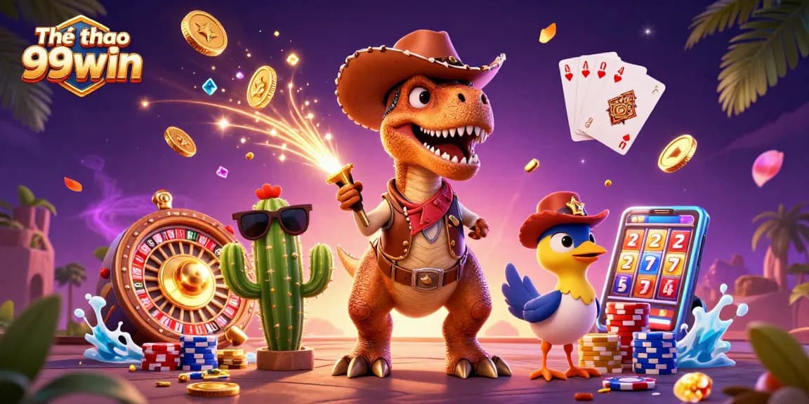 Experience Thể thao 99win excitement with a vibrant 3D illustration of casino action including colorful characters and dynamic gaming elements.