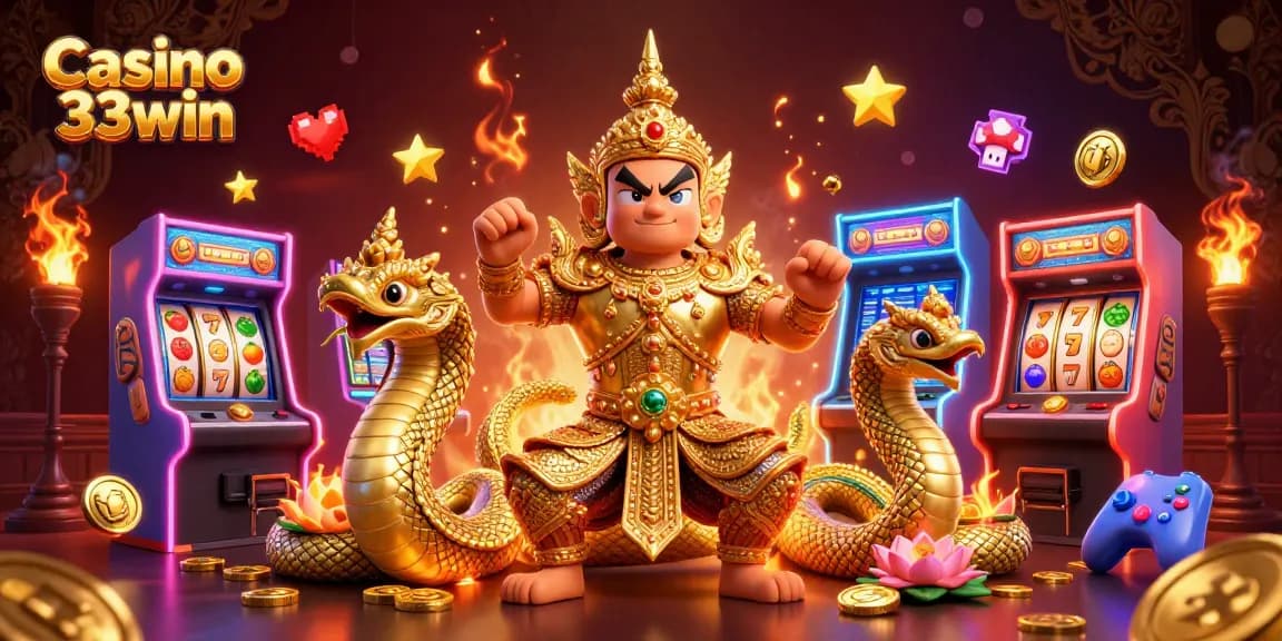 Experience the vibrant action of Casino 33win with a dynamic casino-themed illustration showcasing colorful game elements.