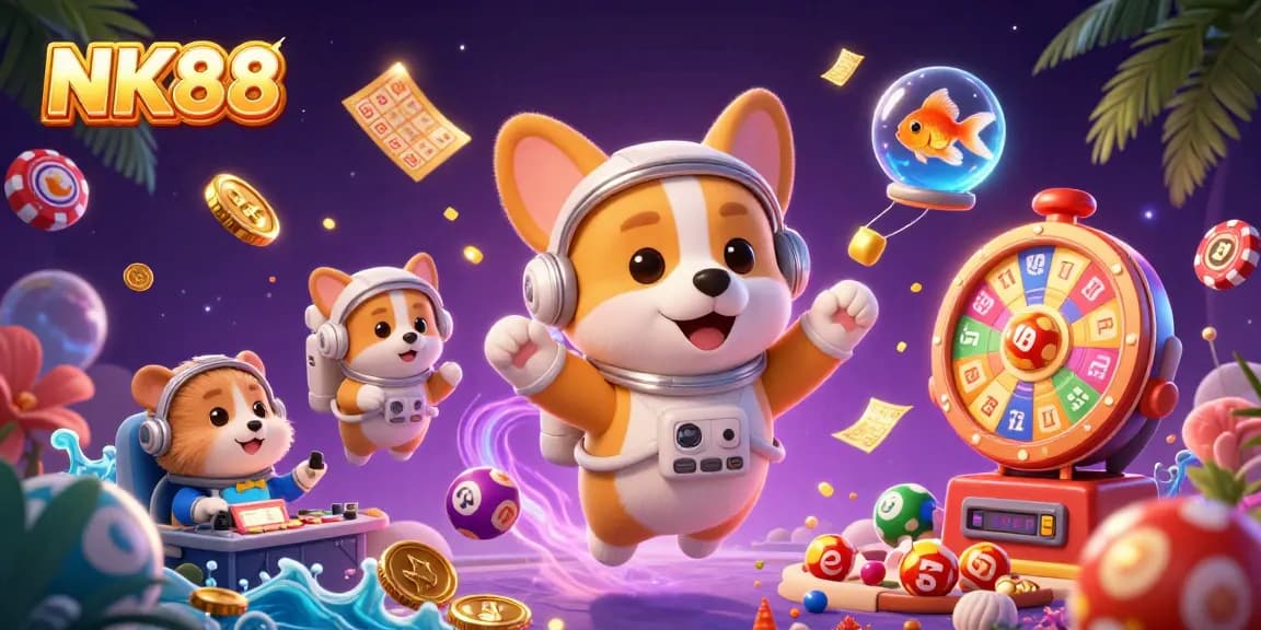 Engage in thrilling gambling with NK88 as a corgi astronaut navigates the cosmic casino.