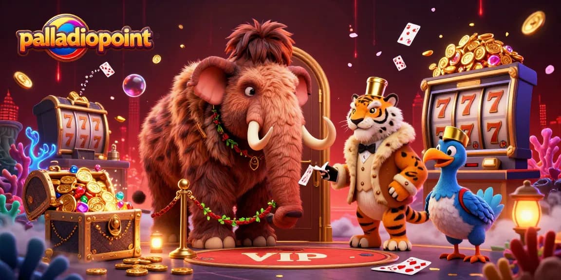 Palladiopoint scene showcases vibrant casino excitement with a woolly mammoth bouncer and slot elements.