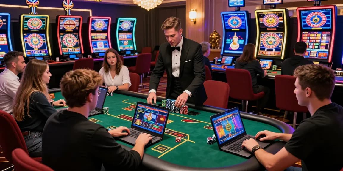 Players engaging at non UK casino games with vibrant graphics and live dealers in a lively online setting.