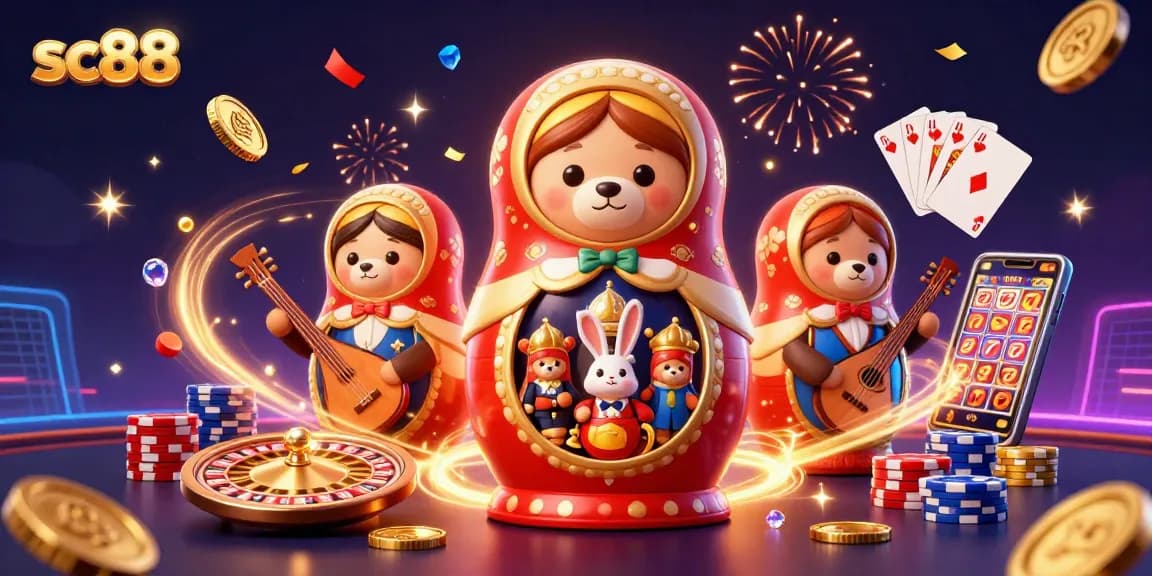 Spin to win at sc88 with a vibrant 3D casino scene filled with festive elements