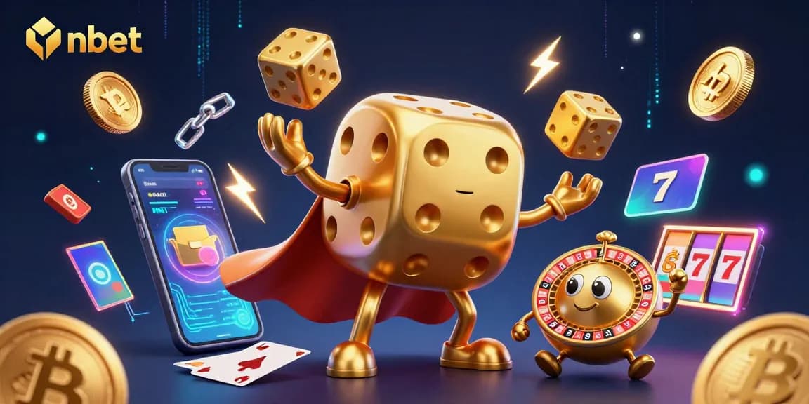 nbet showcases a vibrant scene of a golden dice golem and crypto elements for high-energy gambling.