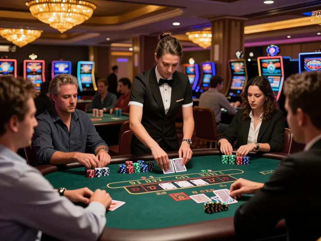 Engaged players at a thrilling blackjack table in a vibrant casino, showcasing action for tr88 com.