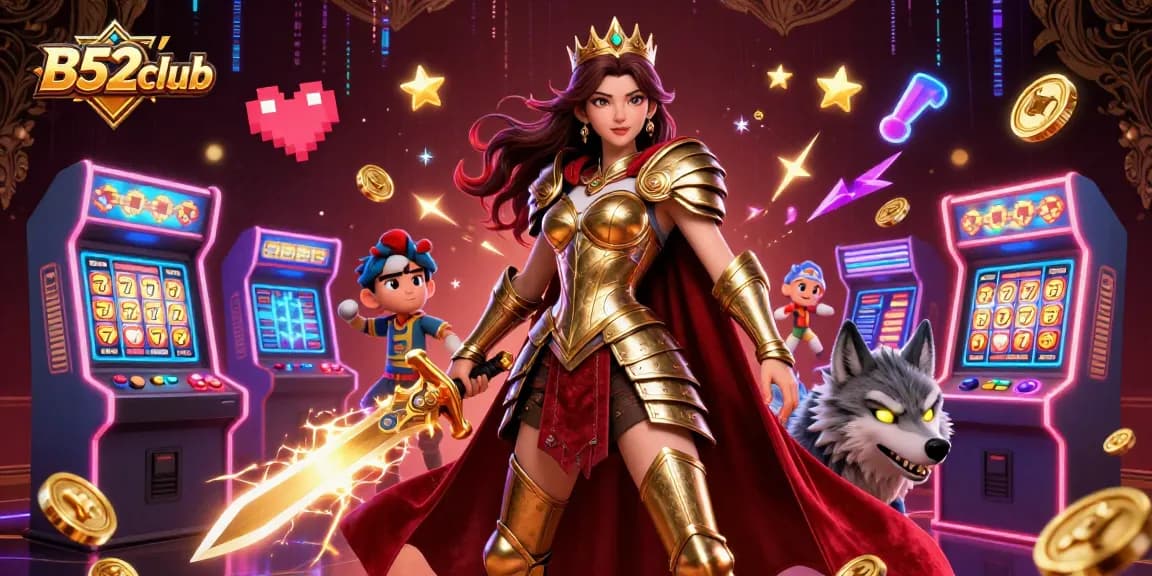 B52club showcases a warrior queen and wolf in a vibrant casino game scene filled with slot machine elements.