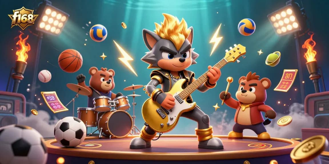 f168 showcases a vibrant casino scene with a rock star wolf and drummer bear amidst dynamic gambling elements.