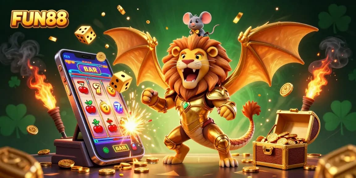 Experience the thrill of FUN88 with a magical chimera celebrating a jackpot amidst gleaming casino elements.