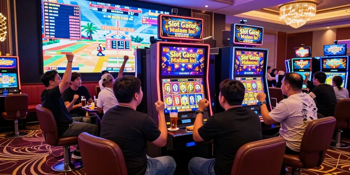 Exciting Slot Gacor Malam Ini gaming scene with players celebrating wins and colorful casino atmosphere.