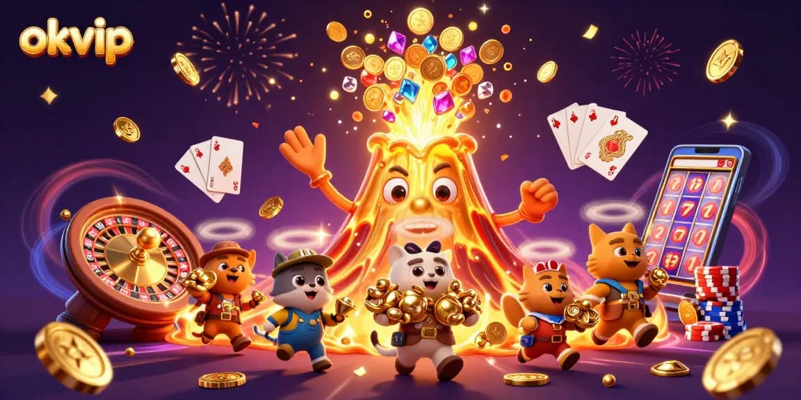 Experience the thrill of gambling with okvip, featuring a vibrant scene of treasures and excitement.