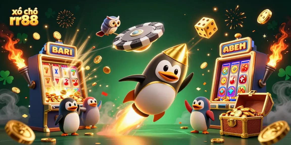 Spark excitement with xổ số rr88 as the golden penguin races through a dazzling casino universe.