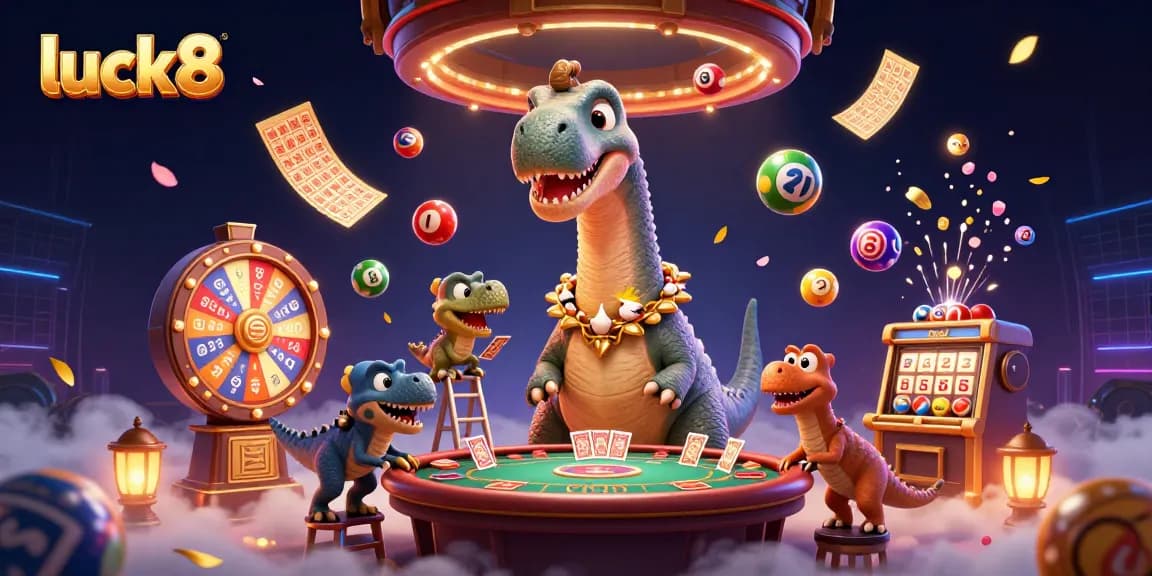 Luck8 inspires excitement with a vibrant scene featuring a playful dinosaur at a casino card table.