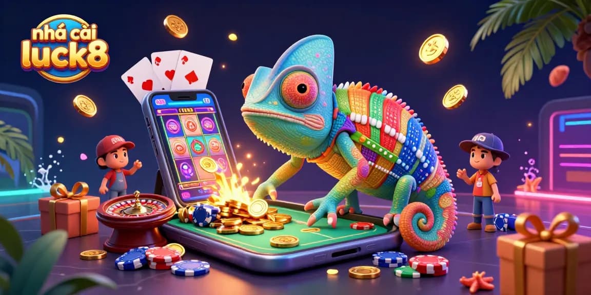 Engage with nhà cái luck8 through a vibrant 3D casino scene featuring colorful slot games.