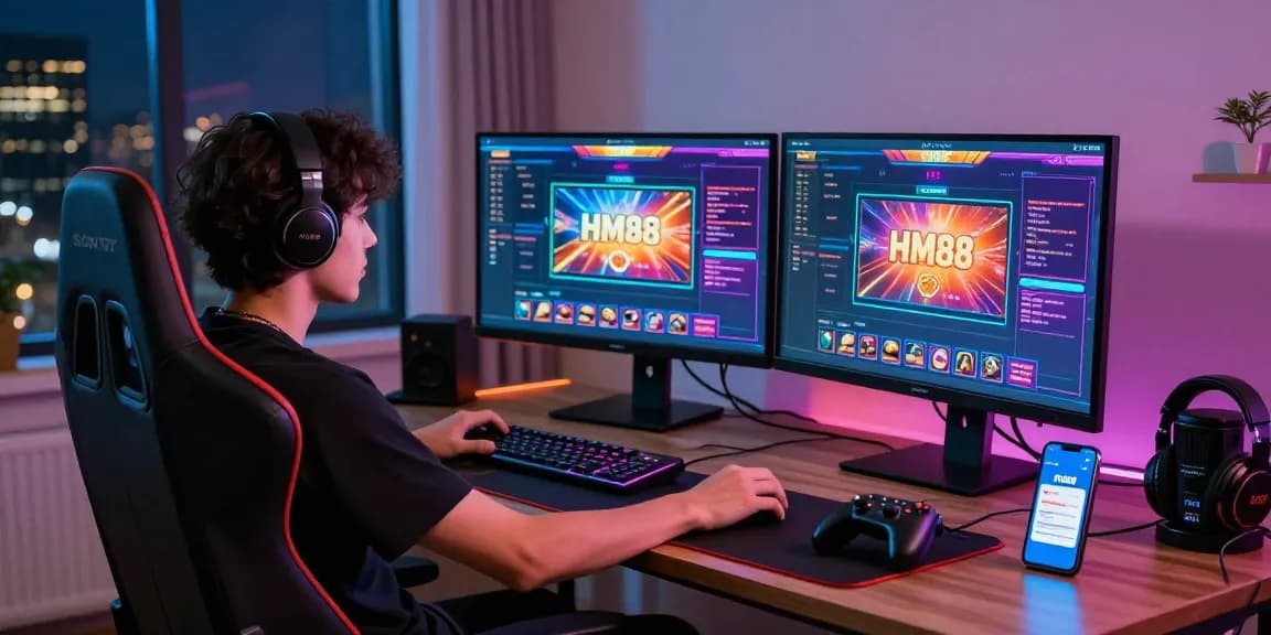 Player enjoying HM88 online gaming platform in a vibrant home office setup