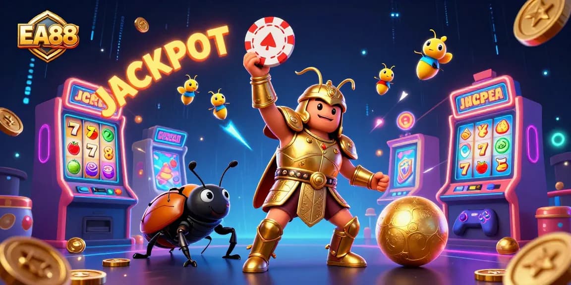 Spin the jackpot with EA88 in a colorful casino scene featuring dynamic characters and vibrant slot machines.