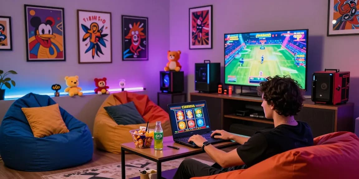 Exciting Cleocatra no Brasil gaming setup in a vibrant room with colorful LED lights and a cozy seating area.