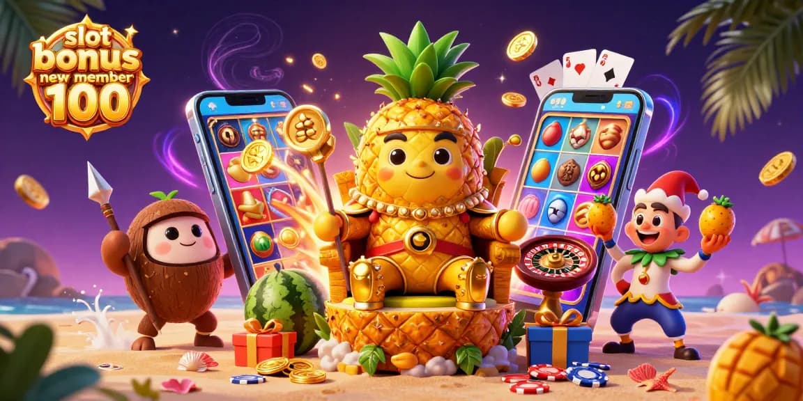 Spin and win with slot bonus new member 100 at a beach casino with vibrant characters and gaming elements.