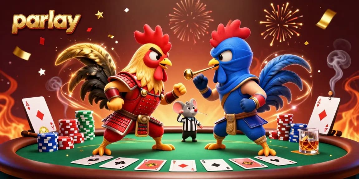 Experience the excitement of parlay betting with dynamic 3D roosters in a vibrant casino scene.