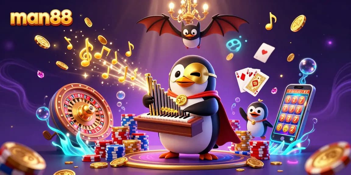 Win big with man88 at a vibrant casino scene featuring animated characters and dynamic games.