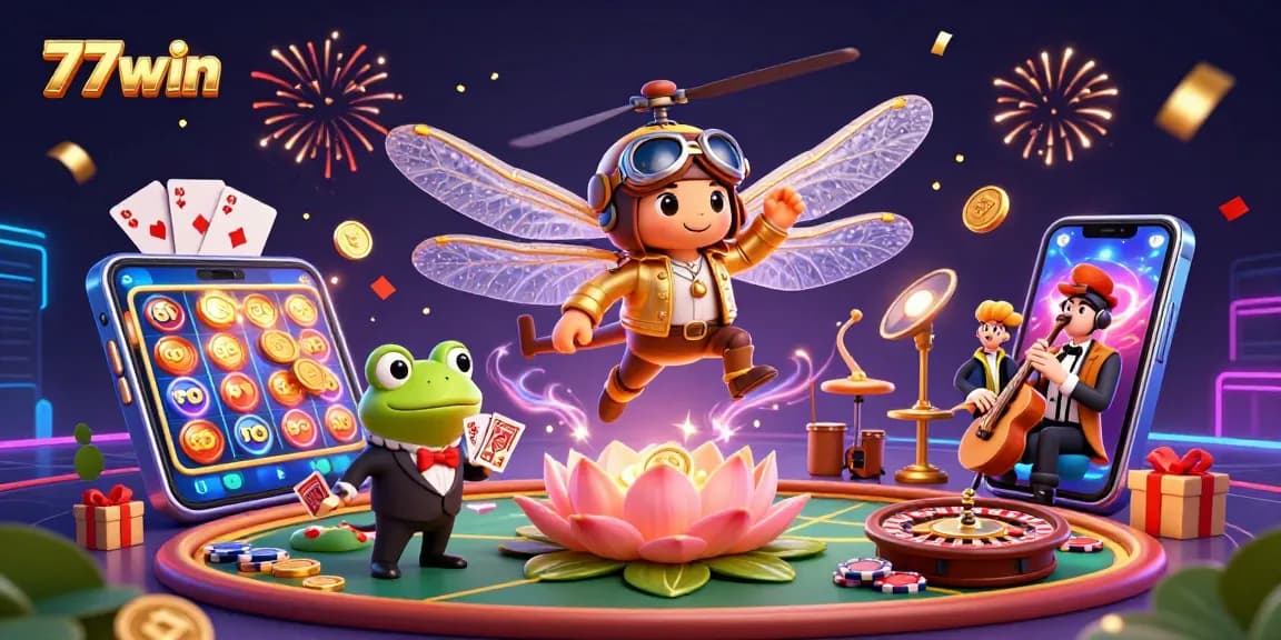 Join the excitement at 77win with a magical casino scene featuring unique characters and vibrant games.