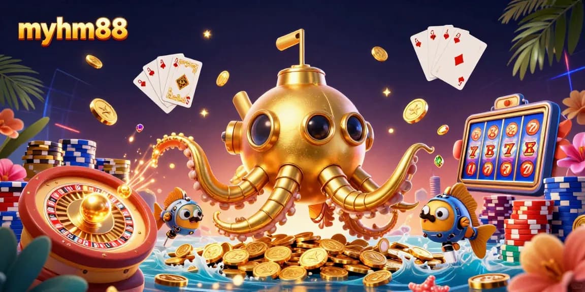 Experience big wins at myhm88 with a colorful 3D illustration showcasing thrilling casino elements.