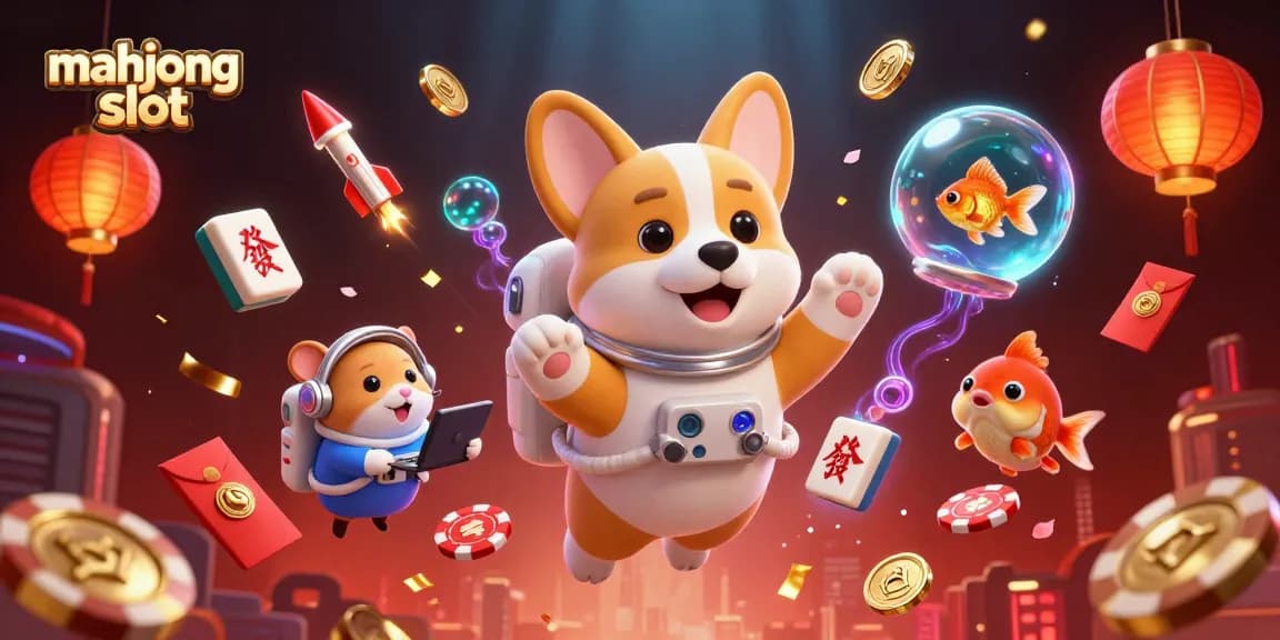 Engage in the mahjong slot adventure with a floating corgi, casino action, and dynamic gameplay elements.