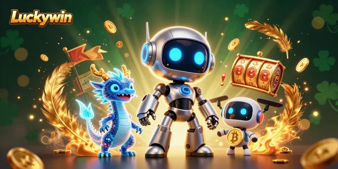 Engage in thrilling gaming action at Luckywin with vibrant characters, slot elements, and golden rewards.