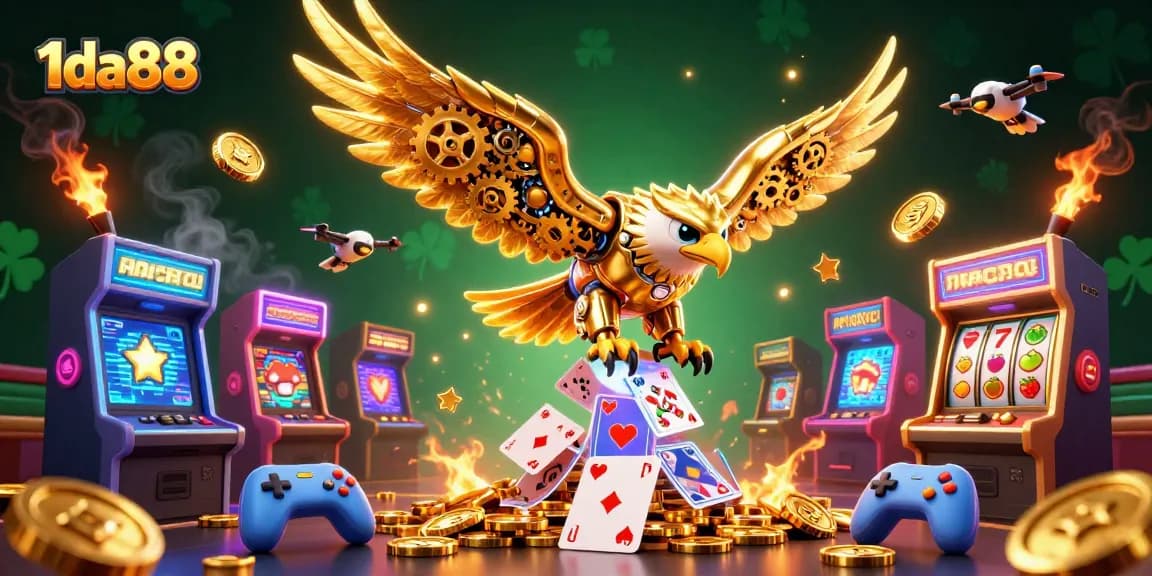 Experience the excitement of 1da88 through a dynamic 3D illustration of casino-themed adventures.