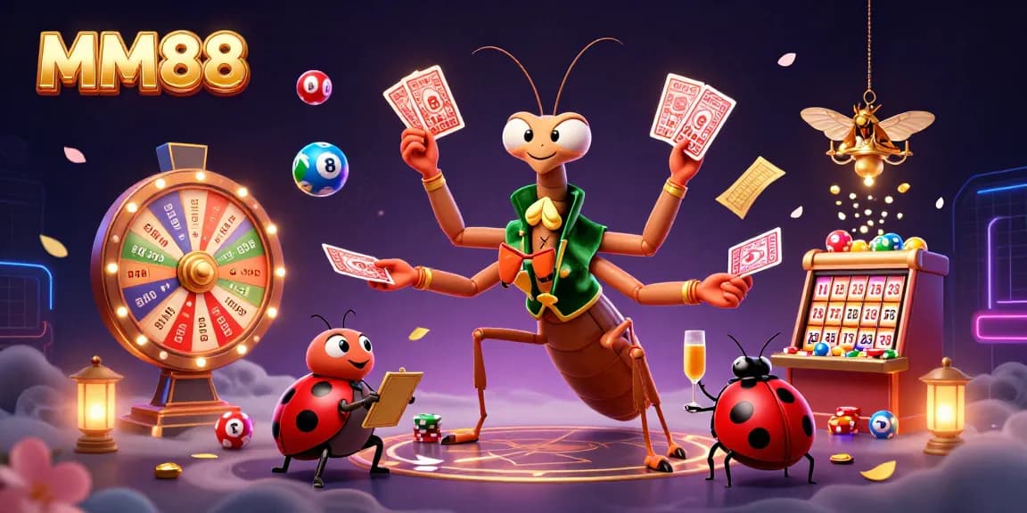 MM88 showcases vibrant 3D casino action with a mantis dealer, ladybug pit boss, and lottery elements