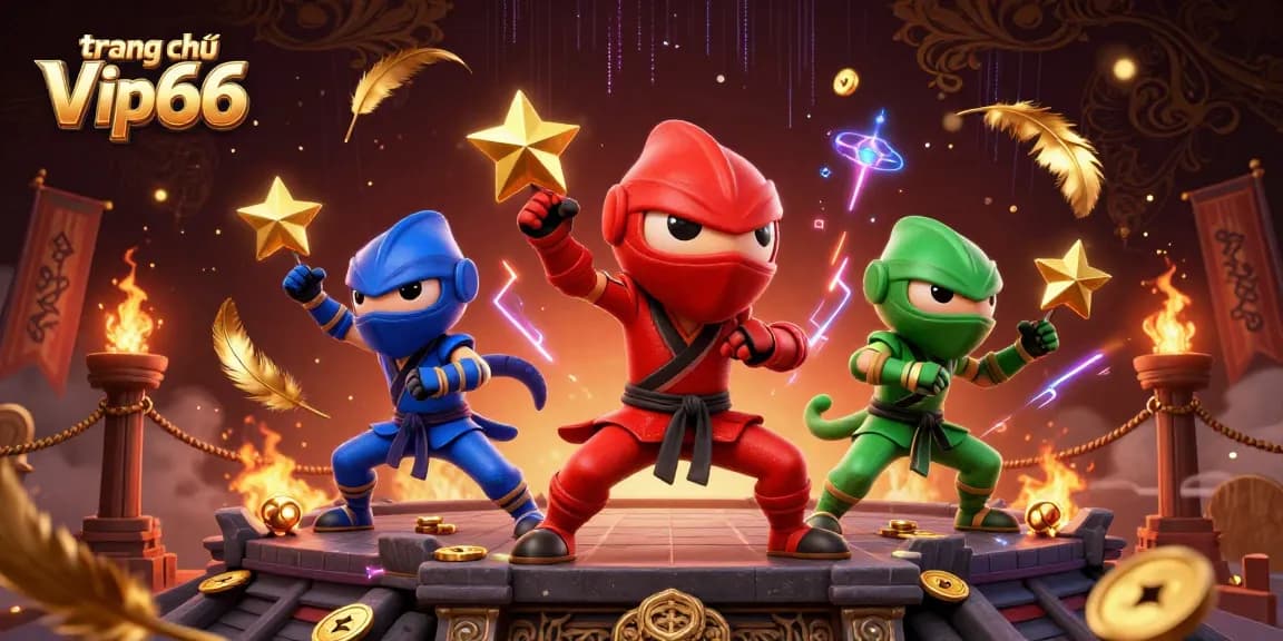 Experience the thrill at trang chủ Vip66 with a vibrant 3D illustration of ninja chameleons showcasing martial arts in an action-packed casino scene.