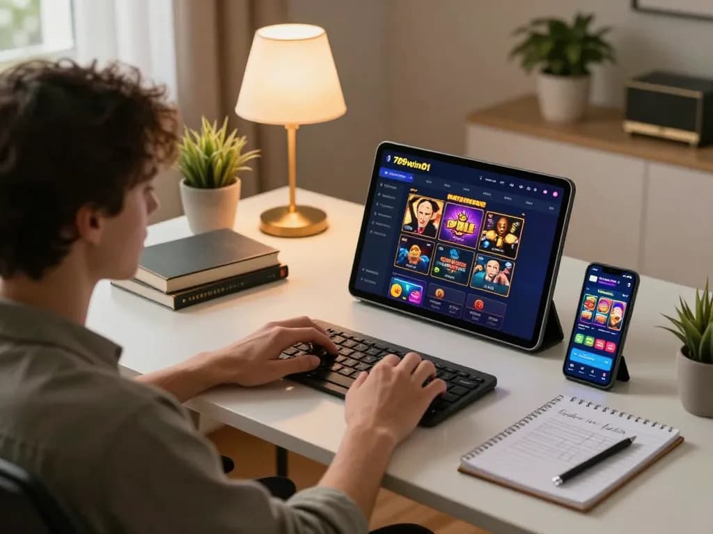 Player engaging with online betting on 789win01 platform in a cozy home office setting.