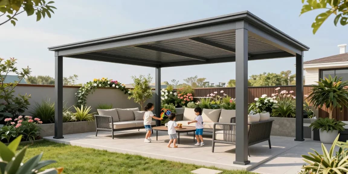 Freistehende Terrassenüberdachung mit Familie im Garten, entspannte Atmosphäre.