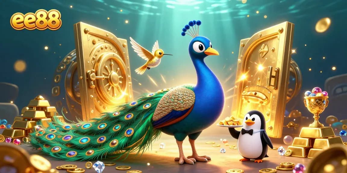 Win big with ee88 in an extravagant casino scene featuring vibrant characters and rich treasures.