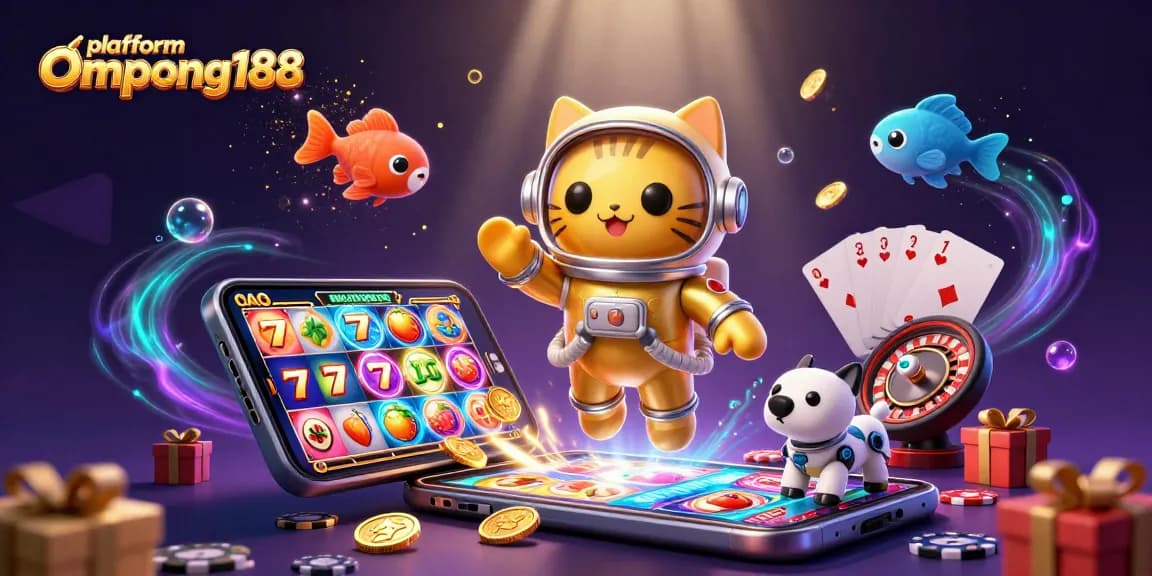 Temukan keseruan bermain di platform Ompong188 dengan ilustrasi kasino virtual yang penuh warna.