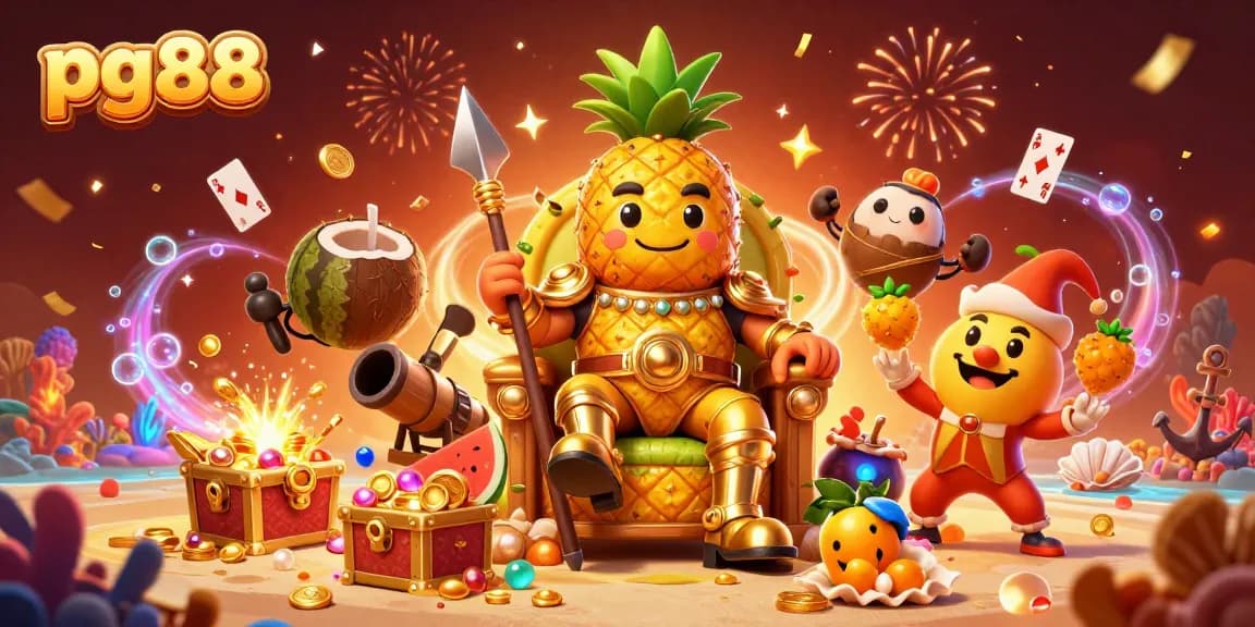Join the action at pg88 with the golden pineapple king and his entourage in an electric casino scene.