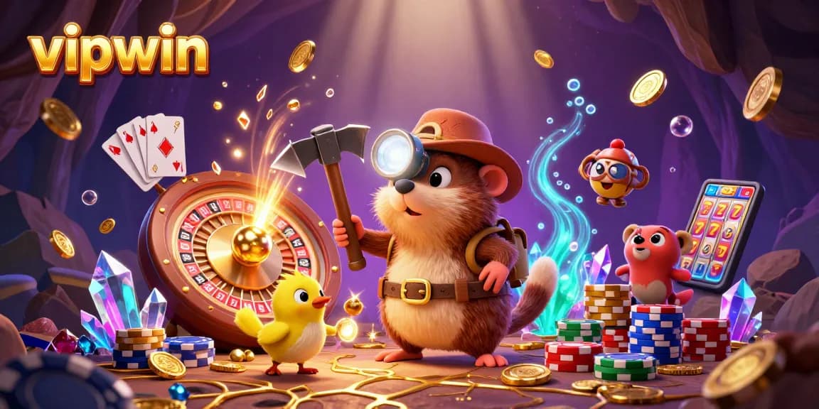 Mining treasures at vipwin with a treasure hunter mole and dazzling casino elements in action.