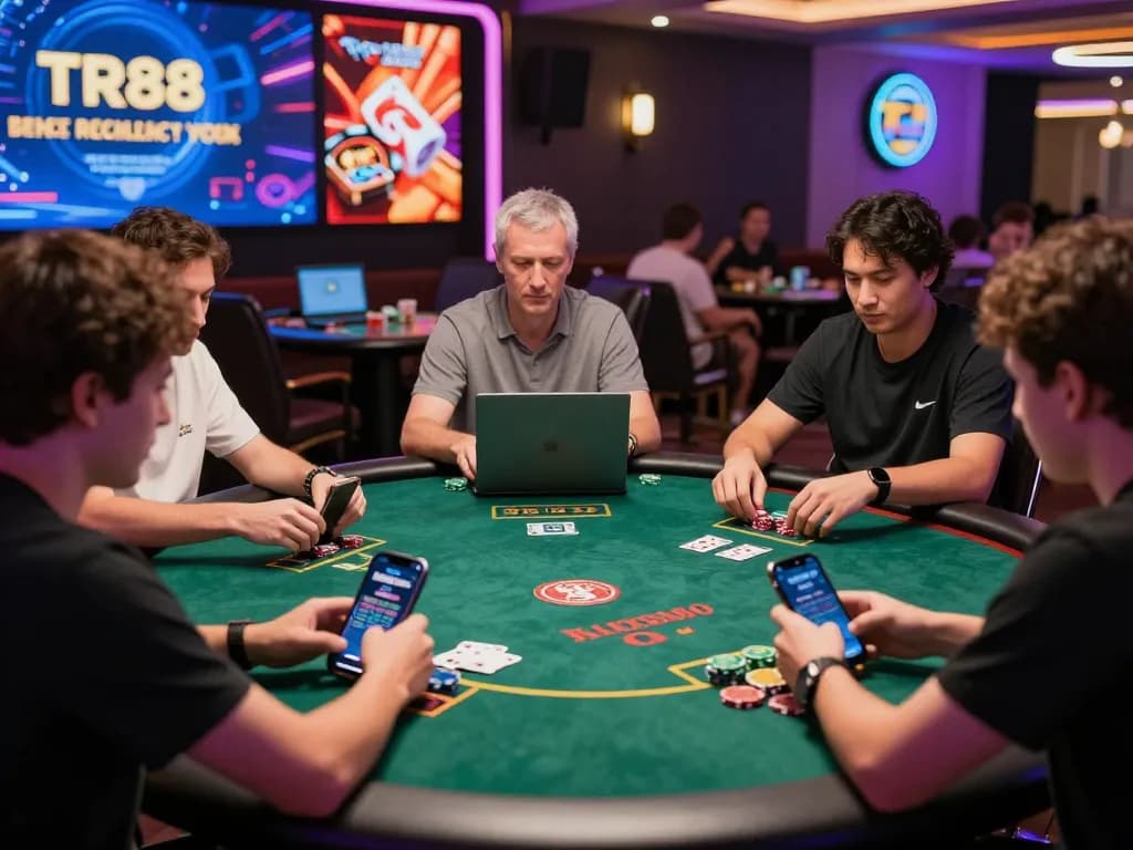 Experience online gambling excitement at https://tr88.army/ with a diverse group of players engaging on various devices in a vibrant casino atmosphere.