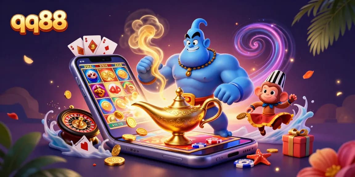 Experience thrilling gameplay with qq88 as a genie bursts from a lamp, surrounded by casino elements.