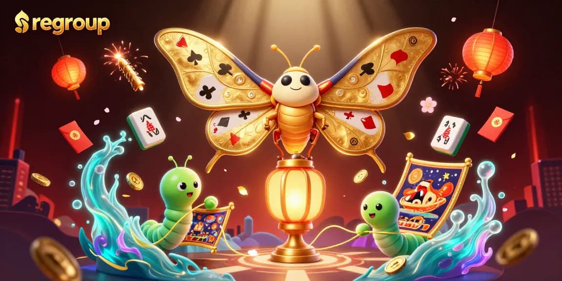Engage with dynamic casino entertainment at regroup featuring golden-winged moths and vibrant casino elements.