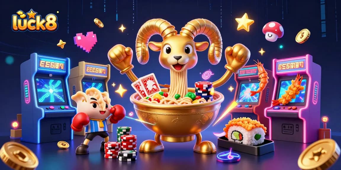Luck8 engages players with a vibrant casino scene featuring a golden ramen bowl dealer and dynamic game elements.
