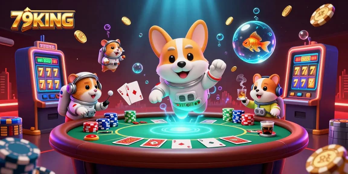Experience thrilling moments in 79KING casino with a space-themed scene featuring a floating corgi and vibrant poker elements.