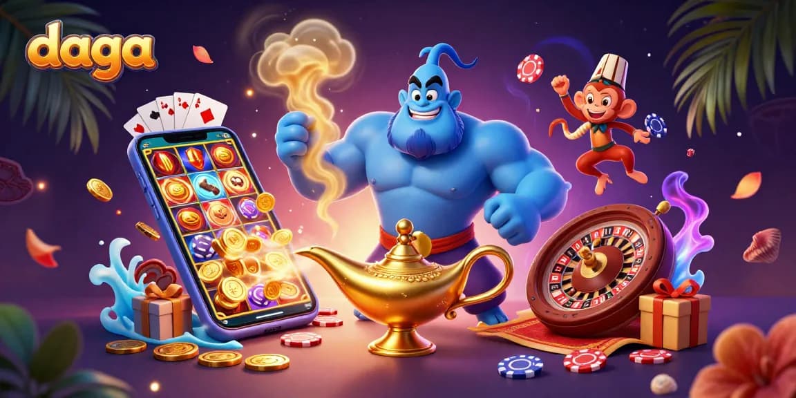 Engage with exciting games at daga, featuring a genie, monkey, and poker chips in a vibrant casino setting.
